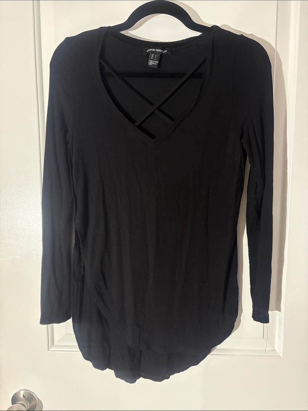 Urban Heritage Black Long Sleeve V-Neck Top with Crisscross Detail
